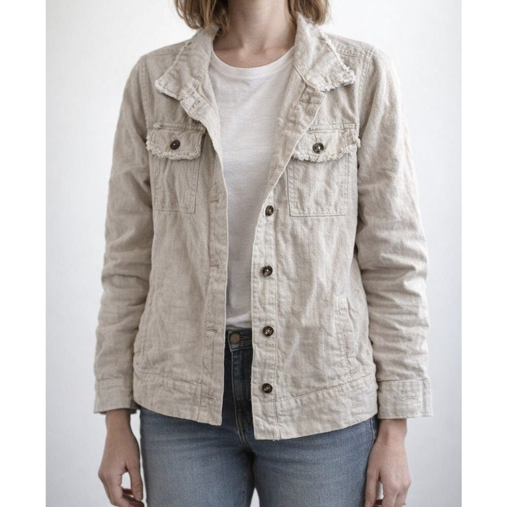 Linda Anderson Long Sleeve Fringe Cotton Jacket Tan Beige Medium